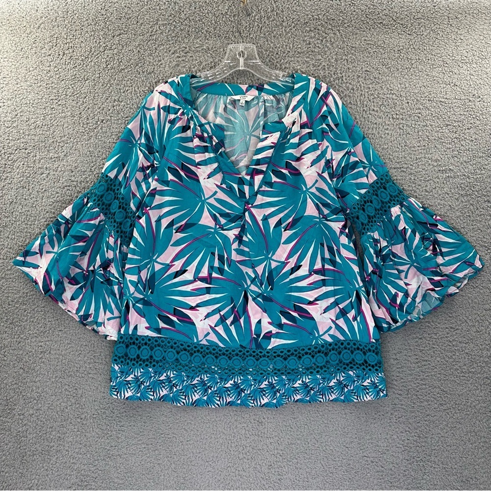 Crown & Ivy 3/4 Bell Sleeve Peasant Top Palms Tropical Crochet‎ Teal Women's XL